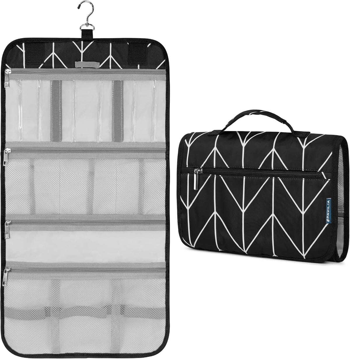 Hanging Toiletry Bag for Women Men, Large Foldable Toiletries Organizer with Hook, Water-Resistant Makeup Cosmetic Rollup Case, Clear Pockets for Bathroom, Gym, Cruise (Teal Chevron)