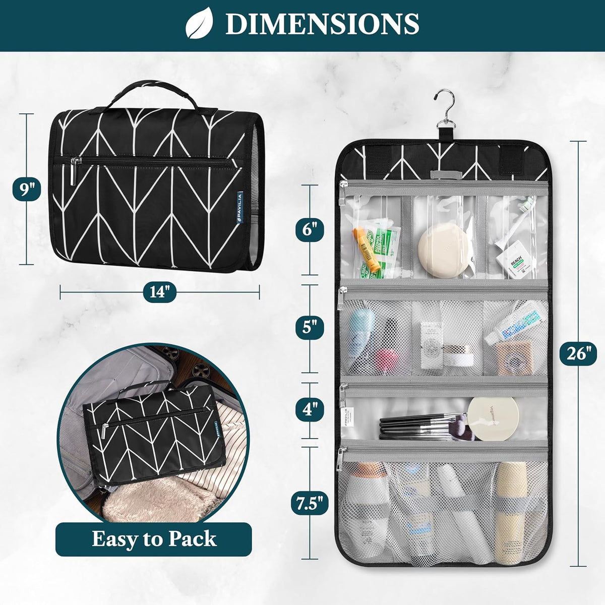 Hanging Toiletry Bag for Women Men, Large Foldable Toiletries Organizer with Hook, Water-Resistant Makeup Cosmetic Rollup Case, Clear Pockets for Bathroom, Gym, Cruise (Teal Chevron)