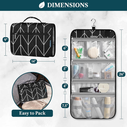 Hanging Toiletry Bag for Women Men, Large Foldable Toiletries Organizer with Hook, Water-Resistant Makeup Cosmetic Rollup Case, Clear Pockets for Bathroom, Gym, Cruise (Teal Chevron)