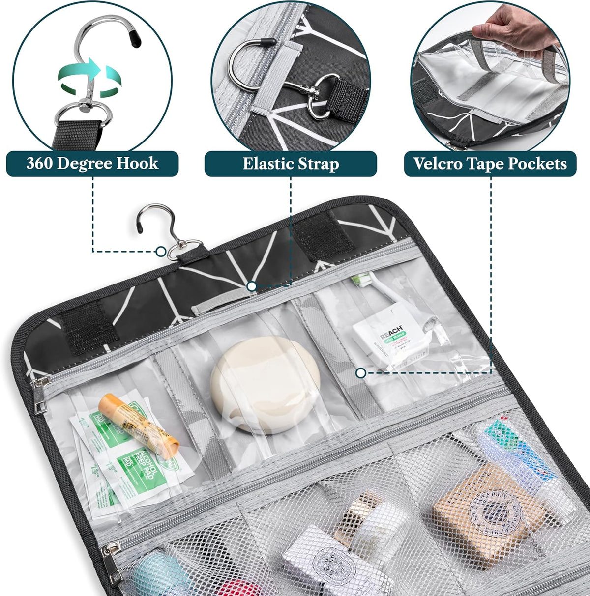 Hanging Toiletry Bag for Women Men, Large Foldable Toiletries Organizer with Hook, Water-Resistant Makeup Cosmetic Rollup Case, Clear Pockets for Bathroom, Gym, Cruise (Teal Chevron)