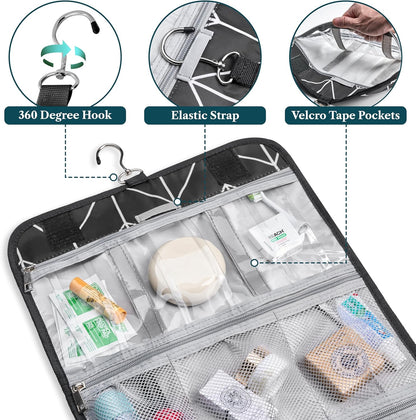 Hanging Toiletry Bag for Women Men, Large Foldable Toiletries Organizer with Hook, Water-Resistant Makeup Cosmetic Rollup Case, Clear Pockets for Bathroom, Gym, Cruise (Teal Chevron)