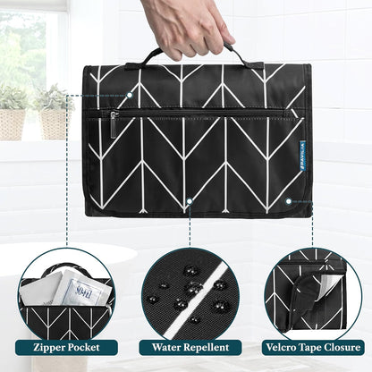 Hanging Toiletry Bag for Women Men, Large Foldable Toiletries Organizer with Hook, Water-Resistant Makeup Cosmetic Rollup Case, Clear Pockets for Bathroom, Gym, Cruise (Teal Chevron)