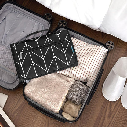 Hanging Toiletry Bag for Women Men, Large Foldable Toiletries Organizer with Hook, Water-Resistant Makeup Cosmetic Rollup Case, Clear Pockets for Bathroom, Gym, Cruise (Teal Chevron)