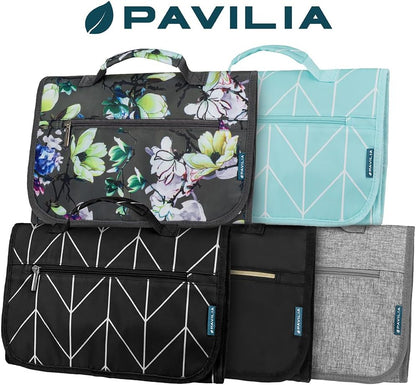 Hanging Toiletry Bag for Women Men, Large Foldable Toiletries Organizer with Hook, Water-Resistant Makeup Cosmetic Rollup Case, Clear Pockets for Bathroom, Gym, Cruise (Teal Chevron)