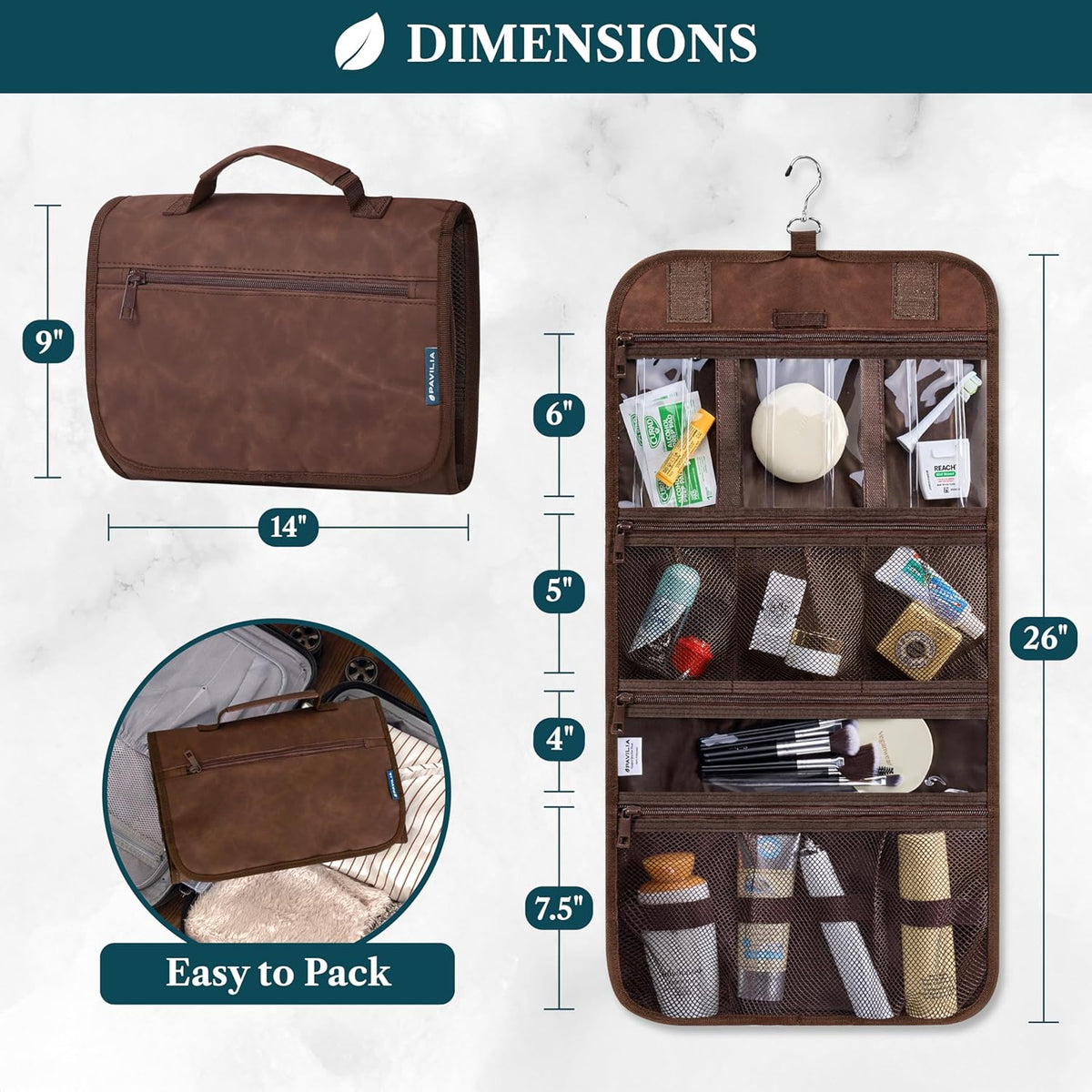 Hanging Toiletry Bag for Women Men, Large Foldable Toiletries Organizer with Hook, Water-Resistant Makeup Cosmetic Rollup Case, Clear Pockets for Bathroom, Gym, Cruise (Teal Chevron)