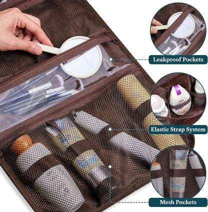 Hanging Toiletry Bag for Women Men, Large Foldable Toiletries Organizer with Hook, Water-Resistant Makeup Cosmetic Rollup Case, Clear Pockets for Bathroom, Gym, Cruise (Teal Chevron)