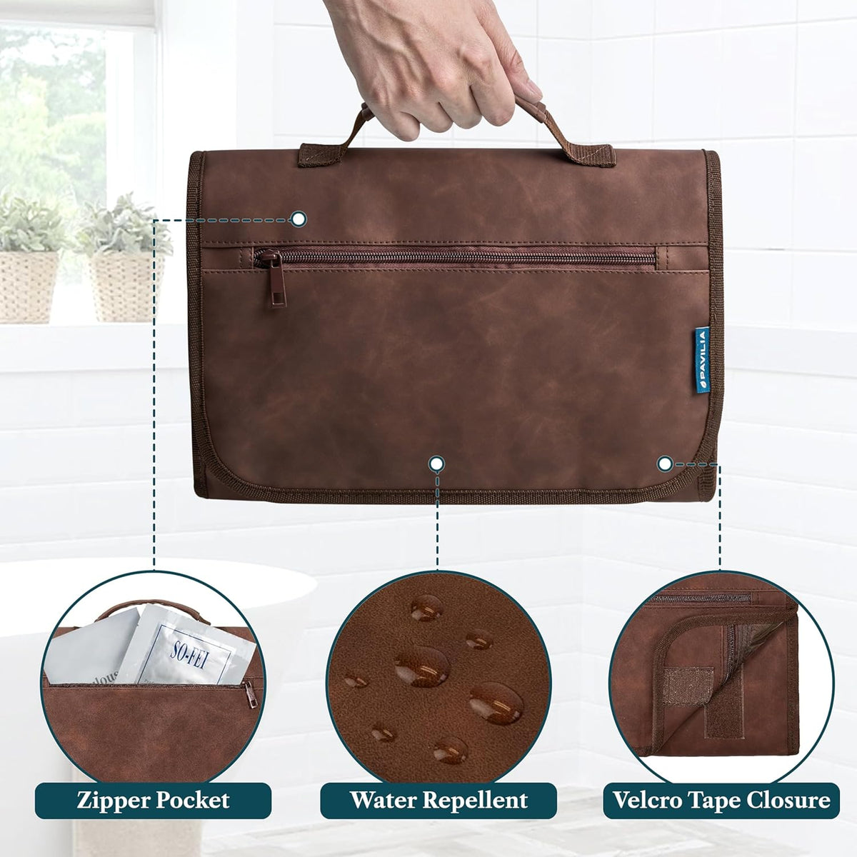 Hanging Toiletry Bag for Women Men, Large Foldable Toiletries Organizer with Hook, Water-Resistant Makeup Cosmetic Rollup Case, Clear Pockets for Bathroom, Gym, Cruise (Teal Chevron)
