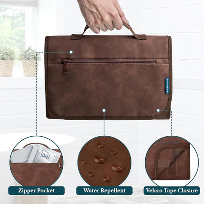 Hanging Toiletry Bag for Women Men, Large Foldable Toiletries Organizer with Hook, Water-Resistant Makeup Cosmetic Rollup Case, Clear Pockets for Bathroom, Gym, Cruise (Teal Chevron)
