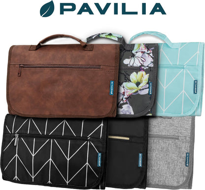 Hanging Toiletry Bag for Women Men, Large Foldable Toiletries Organizer with Hook, Water-Resistant Makeup Cosmetic Rollup Case, Clear Pockets for Bathroom, Gym, Cruise (Teal Chevron)