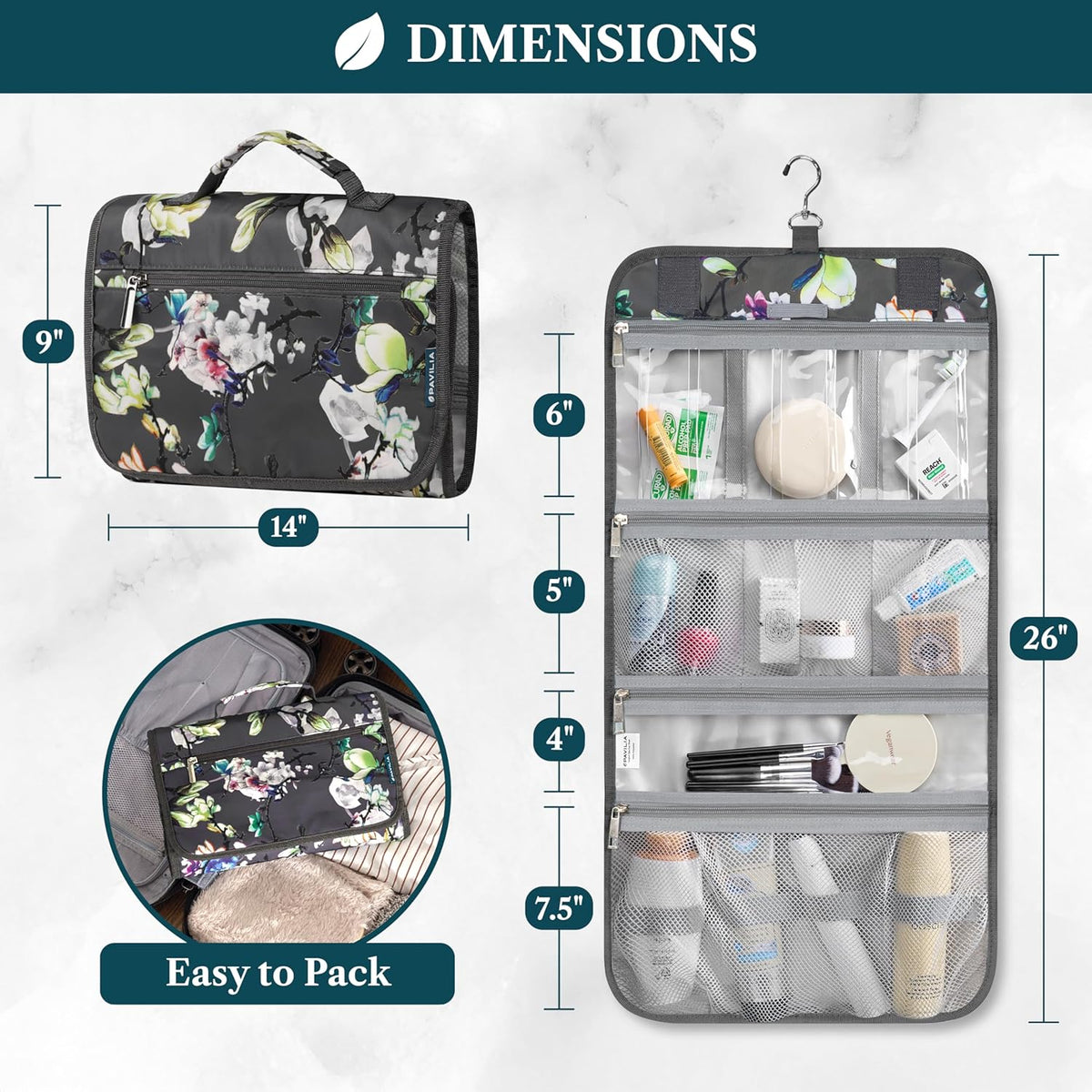 Hanging Toiletry Bag for Women Men, Large Foldable Toiletries Organizer with Hook, Water-Resistant Makeup Cosmetic Rollup Case, Clear Pockets for Bathroom, Gym, Cruise (Teal Chevron)