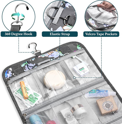 Hanging Toiletry Bag for Women Men, Large Foldable Toiletries Organizer with Hook, Water-Resistant Makeup Cosmetic Rollup Case, Clear Pockets for Bathroom, Gym, Cruise (Teal Chevron)