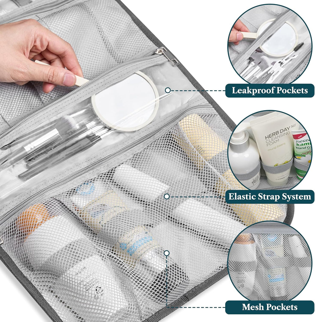 Hanging Toiletry Bag for Women Men, Large Foldable Toiletries Organizer with Hook, Water-Resistant Makeup Cosmetic Rollup Case, Clear Pockets for Bathroom, Gym, Cruise (Teal Chevron)