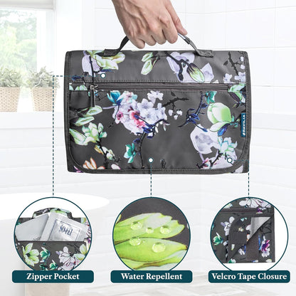 Hanging Toiletry Bag for Women Men, Large Foldable Toiletries Organizer with Hook, Water-Resistant Makeup Cosmetic Rollup Case, Clear Pockets for Bathroom, Gym, Cruise (Teal Chevron)