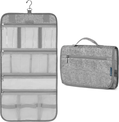 Hanging Toiletry Bag for Women Men, Large Foldable Toiletries Organizer with Hook, Water-Resistant Makeup Cosmetic Rollup Case, Clear Pockets for Bathroom, Gym, Cruise (Teal Chevron)