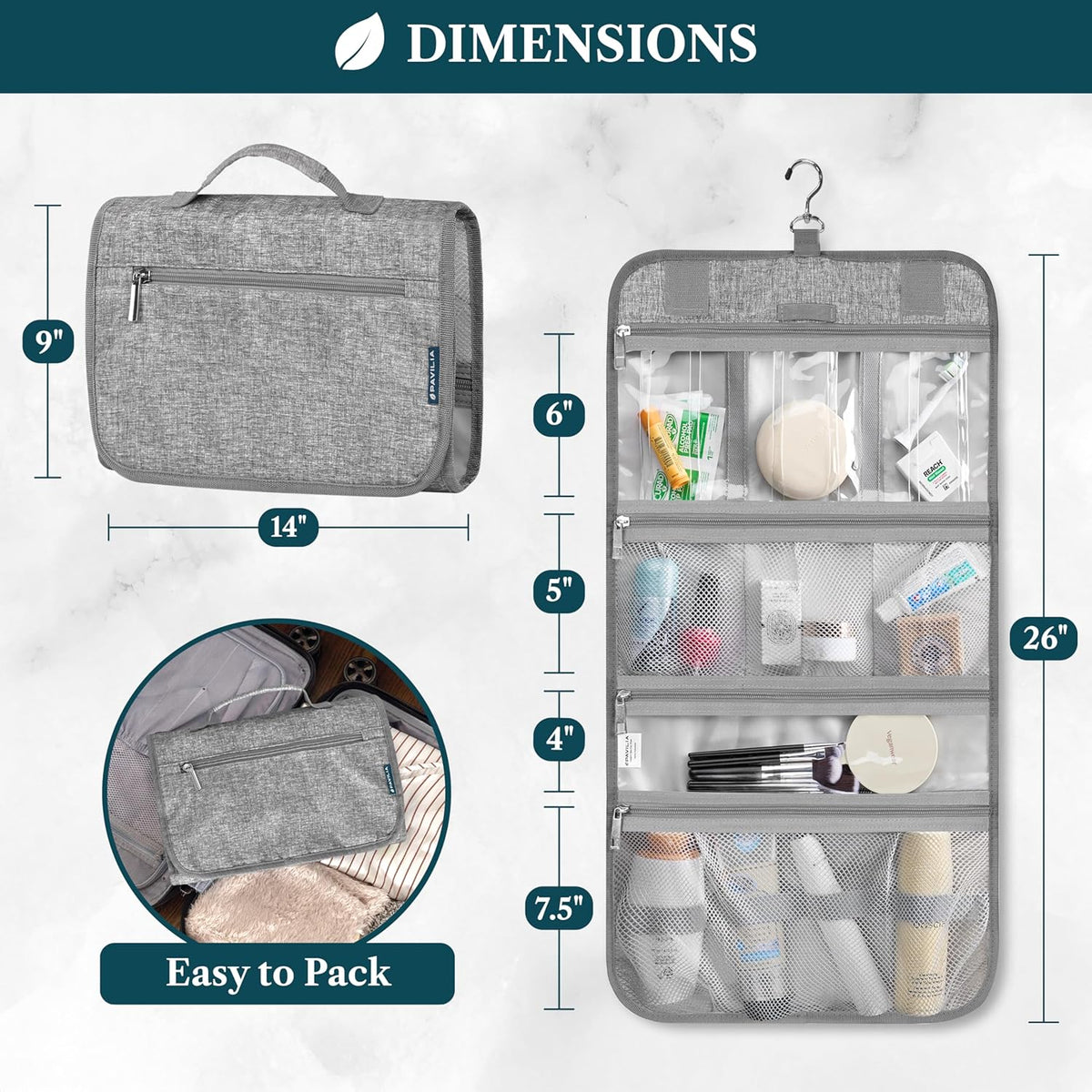 Hanging Toiletry Bag for Women Men, Large Foldable Toiletries Organizer with Hook, Water-Resistant Makeup Cosmetic Rollup Case, Clear Pockets for Bathroom, Gym, Cruise (Teal Chevron)