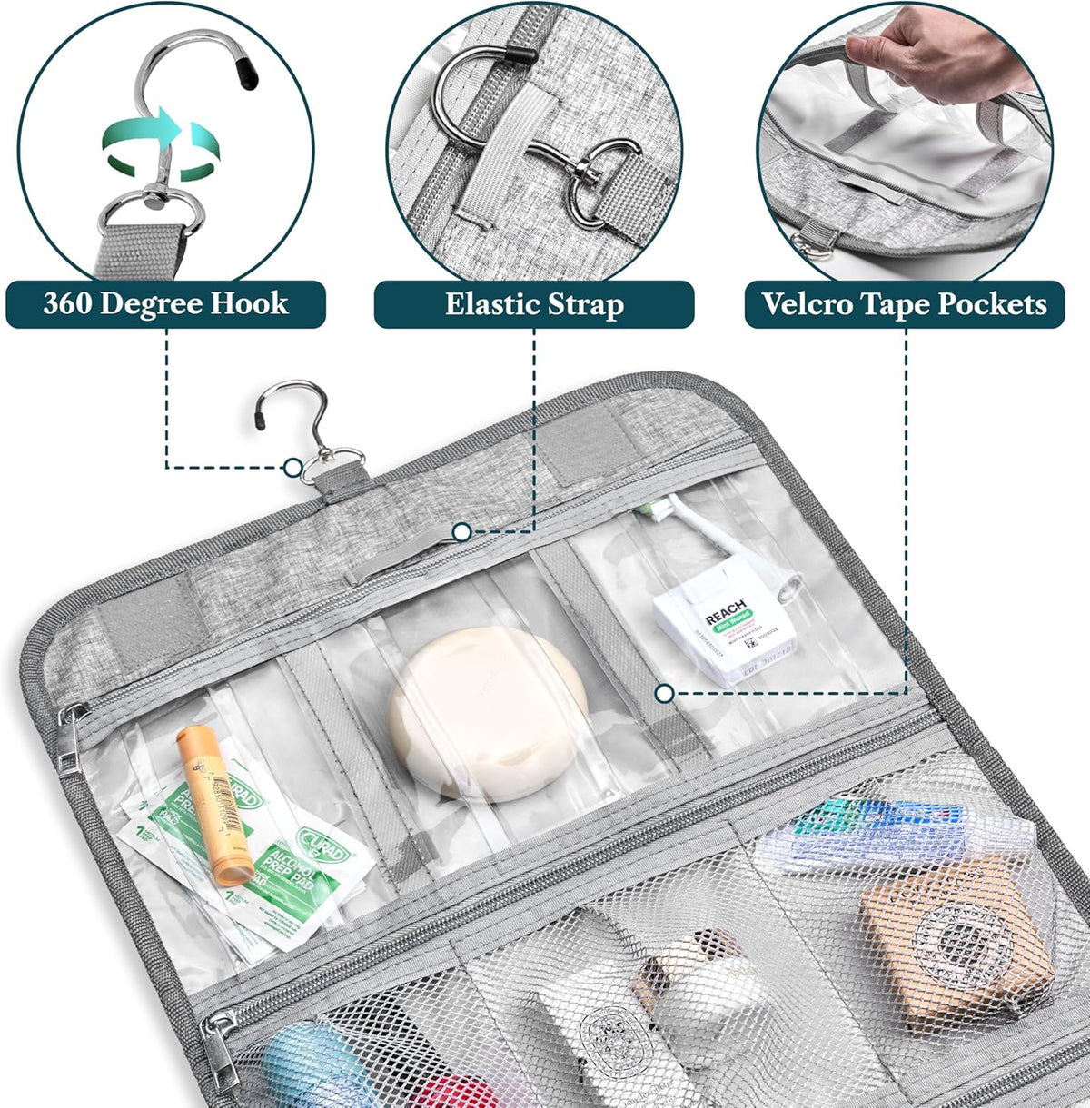 Hanging Toiletry Bag for Women Men, Large Foldable Toiletries Organizer with Hook, Water-Resistant Makeup Cosmetic Rollup Case, Clear Pockets for Bathroom, Gym, Cruise (Teal Chevron)