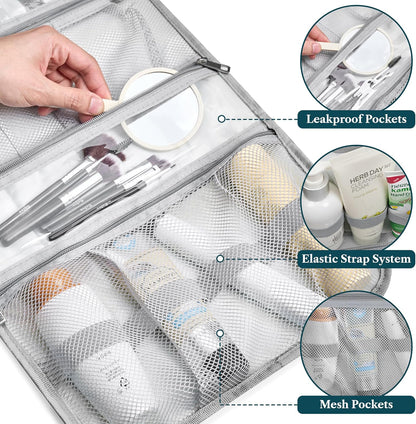 Hanging Toiletry Bag for Women Men, Large Foldable Toiletries Organizer with Hook, Water-Resistant Makeup Cosmetic Rollup Case, Clear Pockets for Bathroom, Gym, Cruise (Teal Chevron)