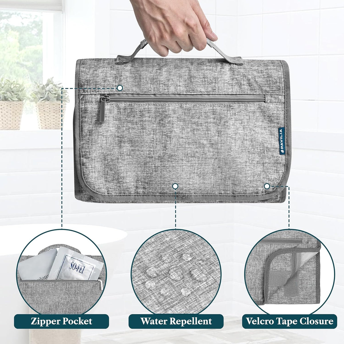 Hanging Toiletry Bag for Women Men, Large Foldable Toiletries Organizer with Hook, Water-Resistant Makeup Cosmetic Rollup Case, Clear Pockets for Bathroom, Gym, Cruise (Teal Chevron)