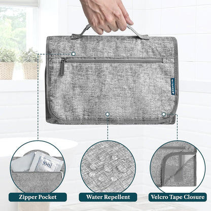 Hanging Toiletry Bag for Women Men, Large Foldable Toiletries Organizer with Hook, Water-Resistant Makeup Cosmetic Rollup Case, Clear Pockets for Bathroom, Gym, Cruise (Teal Chevron)