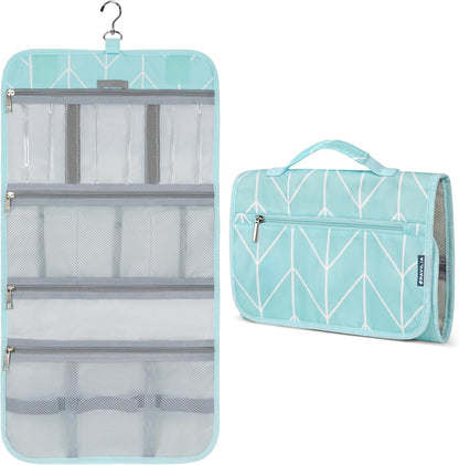 Hanging Toiletry Bag for Women Men, Large Foldable Toiletries Organizer with Hook, Water-Resistant Makeup Cosmetic Rollup Case, Clear Pockets for Bathroom, Gym, Cruise (Teal Chevron)