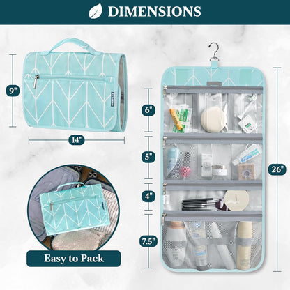 Hanging Toiletry Bag for Women Men, Large Foldable Toiletries Organizer with Hook, Water-Resistant Makeup Cosmetic Rollup Case, Clear Pockets for Bathroom, Gym, Cruise (Teal Chevron)