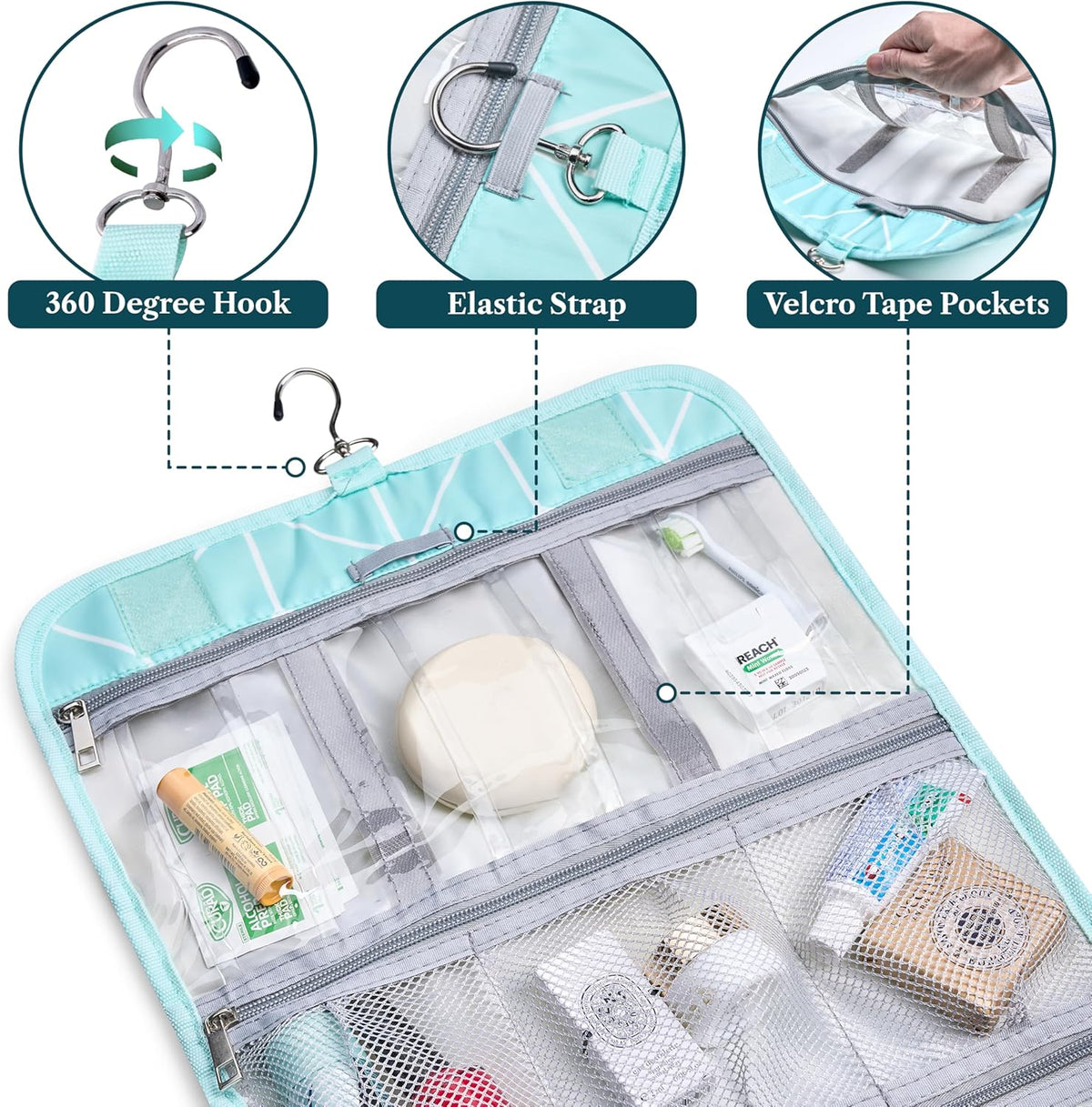 Hanging Toiletry Bag for Women Men, Large Foldable Toiletries Organizer with Hook, Water-Resistant Makeup Cosmetic Rollup Case, Clear Pockets for Bathroom, Gym, Cruise (Teal Chevron)