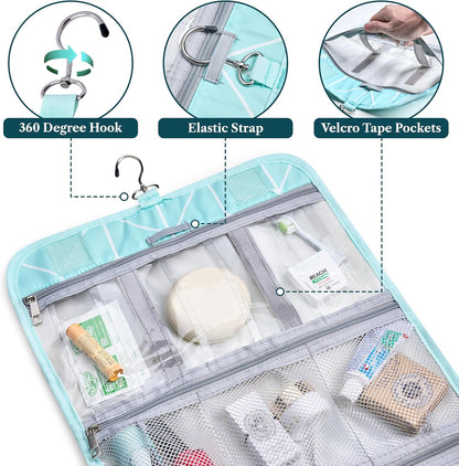 Hanging Toiletry Bag for Women Men, Large Foldable Toiletries Organizer with Hook, Water-Resistant Makeup Cosmetic Rollup Case, Clear Pockets for Bathroom, Gym, Cruise (Teal Chevron)