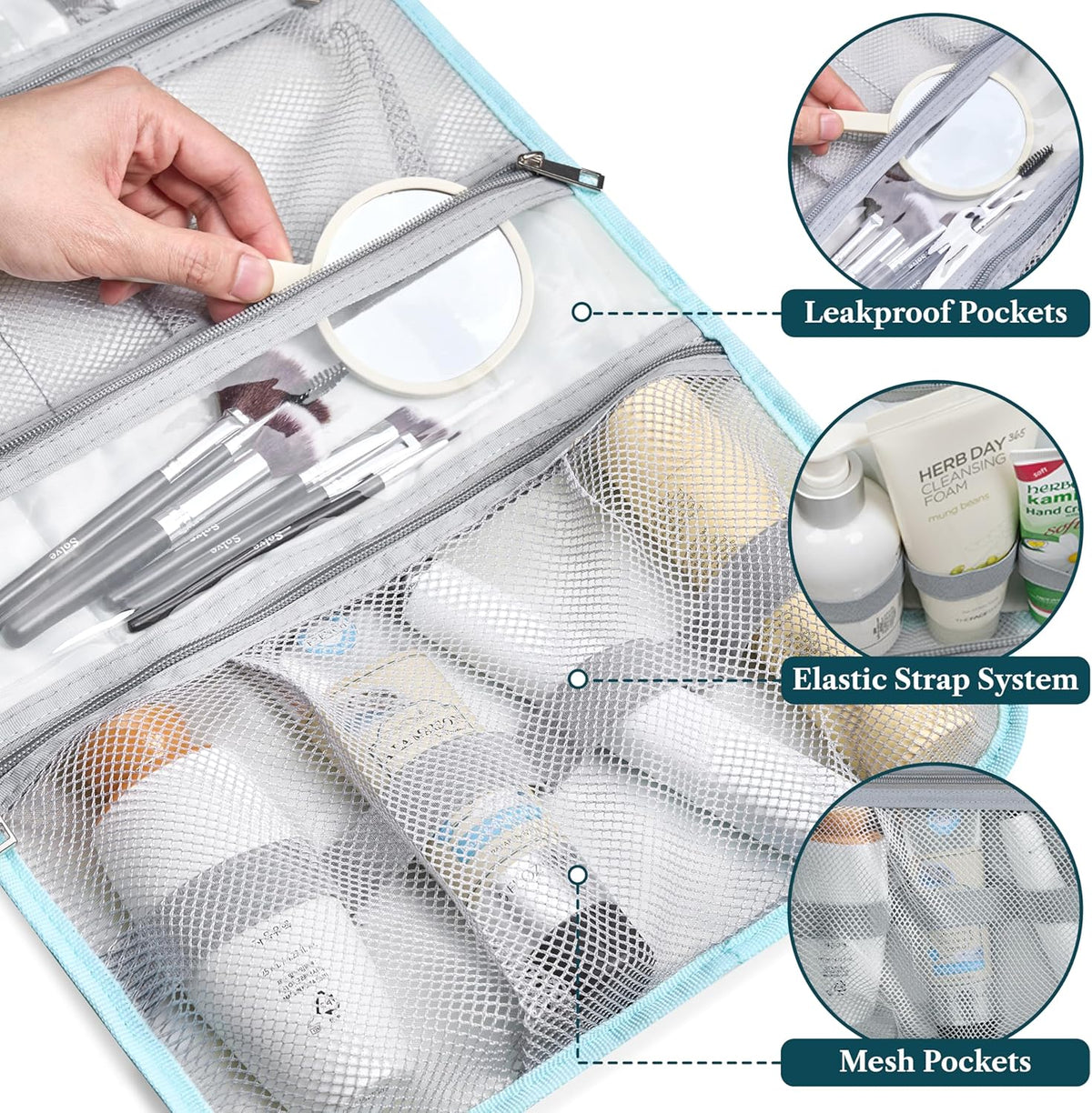 Hanging Toiletry Bag for Women Men, Large Foldable Toiletries Organizer with Hook, Water-Resistant Makeup Cosmetic Rollup Case, Clear Pockets for Bathroom, Gym, Cruise (Teal Chevron)
