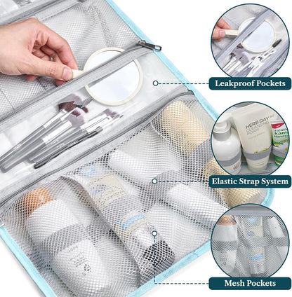 Hanging Toiletry Bag for Women Men, Large Foldable Toiletries Organizer with Hook, Water-Resistant Makeup Cosmetic Rollup Case, Clear Pockets for Bathroom, Gym, Cruise (Teal Chevron)
