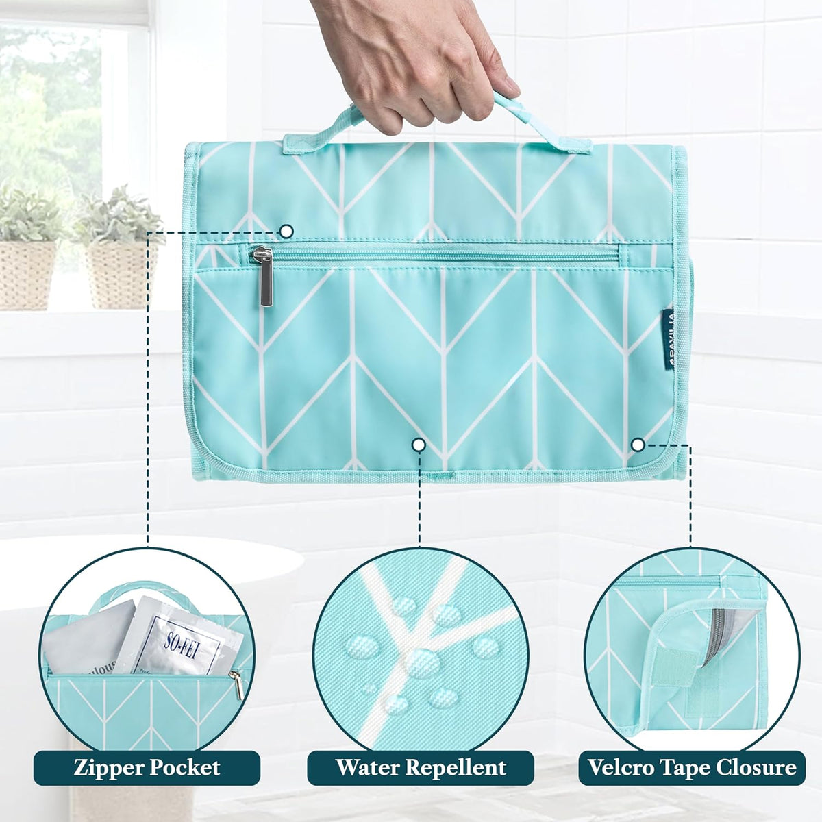 Hanging Toiletry Bag for Women Men, Large Foldable Toiletries Organizer with Hook, Water-Resistant Makeup Cosmetic Rollup Case, Clear Pockets for Bathroom, Gym, Cruise (Teal Chevron)