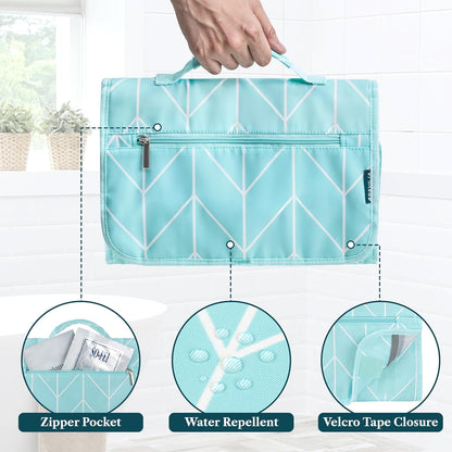 Hanging Toiletry Bag for Women Men, Large Foldable Toiletries Organizer with Hook, Water-Resistant Makeup Cosmetic Rollup Case, Clear Pockets for Bathroom, Gym, Cruise (Teal Chevron)