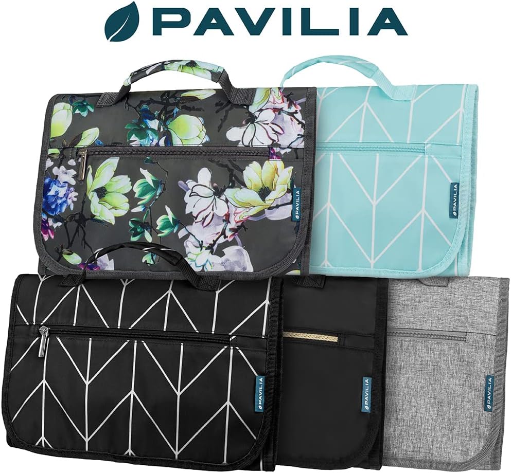Hanging Toiletry Bag for Women Men, Large Foldable Toiletries Organizer with Hook, Water-Resistant Makeup Cosmetic Rollup Case, Clear Pockets for Bathroom, Gym, Cruise (Teal Chevron)
