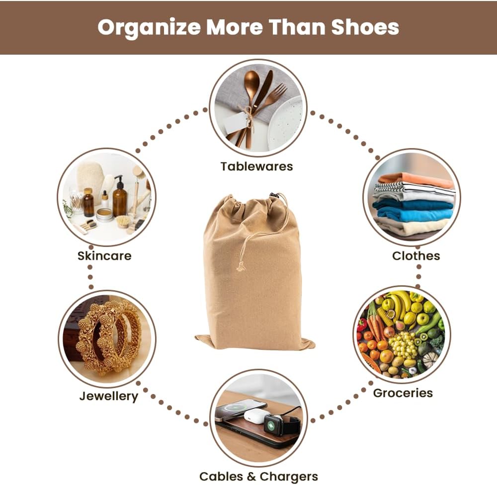 LFH Cotton Rich Shoe Storage Bags with Drawstring, Dustproof Breathable Reusable Organizer, Perfect For Travel, Dorm, Hotel, College, Gym, Machine Washable 8"x17" (Pack of 2) - Black sand