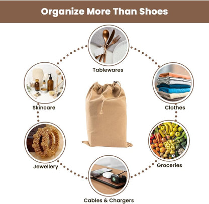 LFH Cotton Rich Shoe Storage Bags with Drawstring, Dustproof Breathable Reusable Organizer, Perfect For Travel, Dorm, Hotel, College, Gym, Machine Washable 8"x17" (Pack of 2) - Black sand