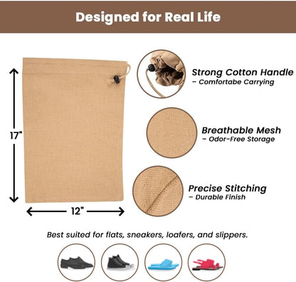 LFH Cotton Rich Shoe Storage Bags with Drawstring, Dustproof Breathable Reusable Organizer, Perfect For Travel, Dorm, Hotel, College, Gym, Machine Washable 8"x17" (Pack of 2) - Black sand