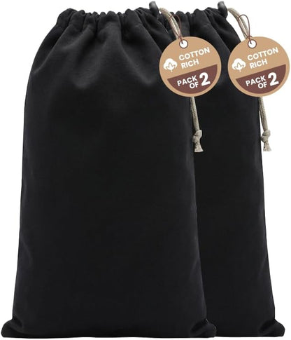 LFH Cotton Rich Shoe Storage Bags with Drawstring, Dustproof Breathable Reusable Organizer, Perfect For Travel, Dorm, Hotel, College, Gym, Machine Washable 8"x17" (Pack of 2) - Black sand