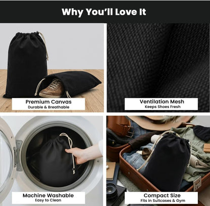 LFH Cotton Rich Shoe Storage Bags with Drawstring, Dustproof Breathable Reusable Organizer, Perfect For Travel, Dorm, Hotel, College, Gym, Machine Washable 8"x17" (Pack of 2) - Black sand