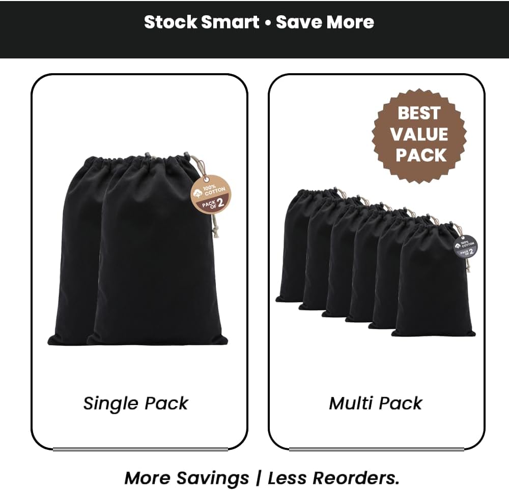LFH Cotton Rich Shoe Storage Bags with Drawstring, Dustproof Breathable Reusable Organizer, Perfect For Travel, Dorm, Hotel, College, Gym, Machine Washable 8"x17" (Pack of 2) - Black sand