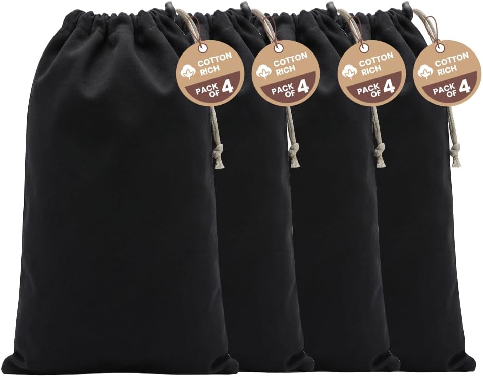 LFH Cotton Rich Shoe Storage Bags with Drawstring, Dustproof Breathable Reusable Organizer, Perfect For Travel, Dorm, Hotel, College, Gym, Machine Washable 8"x17" (Pack of 2) - Black sand