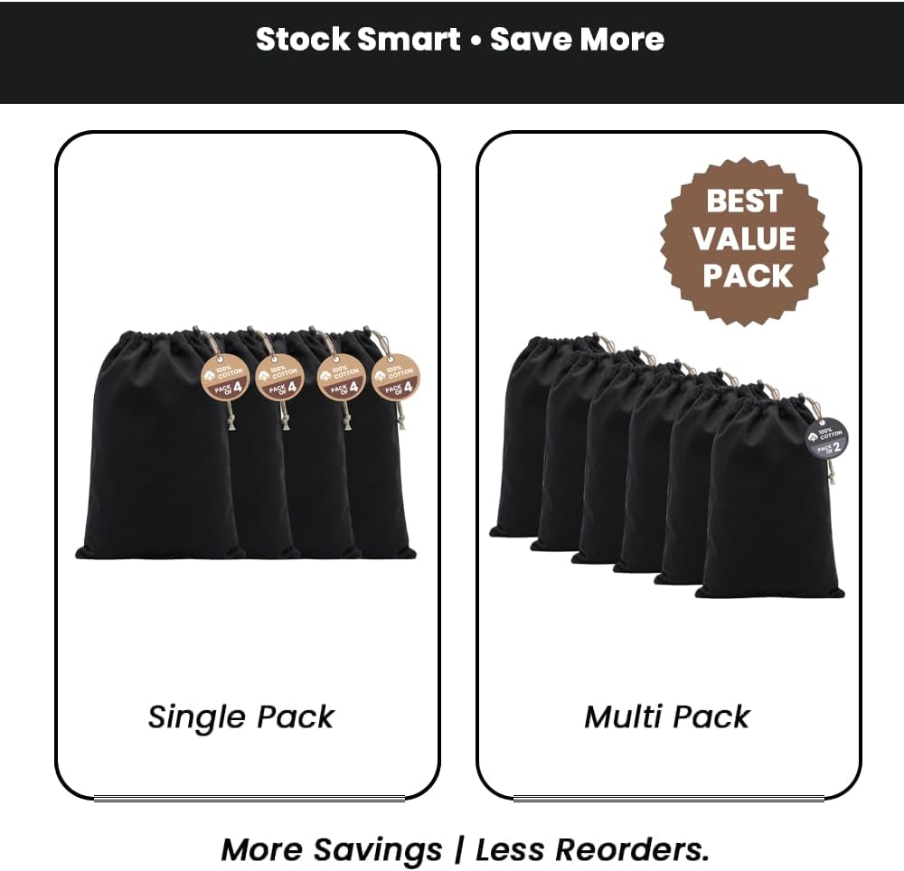 LFH Cotton Rich Shoe Storage Bags with Drawstring, Dustproof Breathable Reusable Organizer, Perfect For Travel, Dorm, Hotel, College, Gym, Machine Washable 8"x17" (Pack of 2) - Black sand