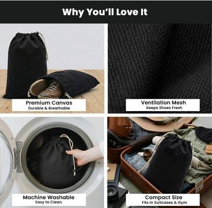 LFH Cotton Rich Shoe Storage Bags with Drawstring, Dustproof Breathable Reusable Organizer, Perfect For Travel, Dorm, Hotel, College, Gym, Machine Washable 8"x17" (Pack of 2) - Black sand