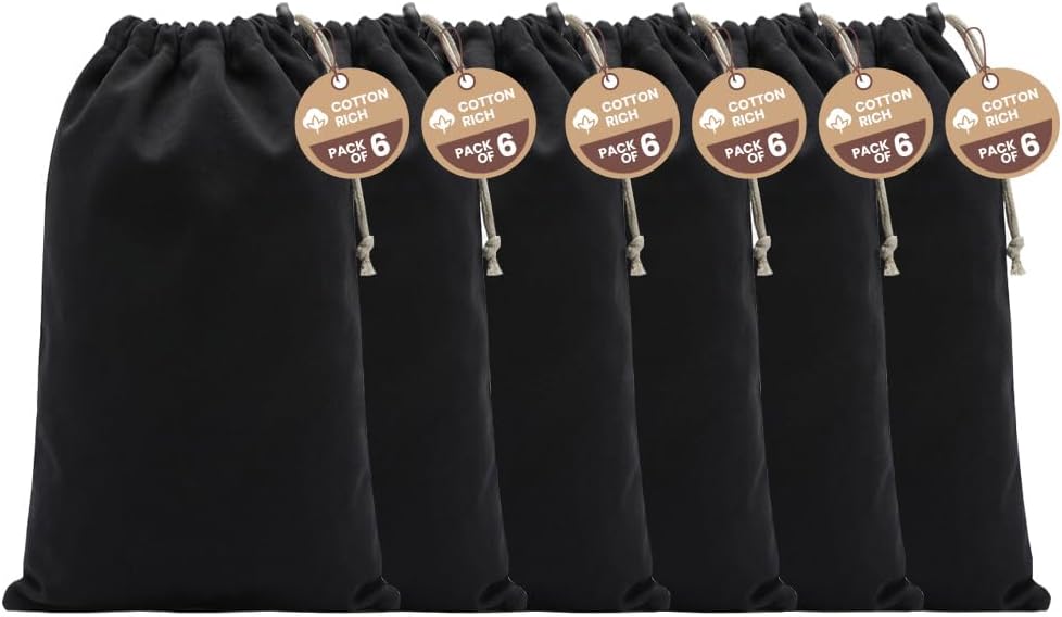 LFH Cotton Rich Shoe Storage Bags with Drawstring, Dustproof Breathable Reusable Organizer, Perfect For Travel, Dorm, Hotel, College, Gym, Machine Washable 8"x17" (Pack of 2) - Black sand