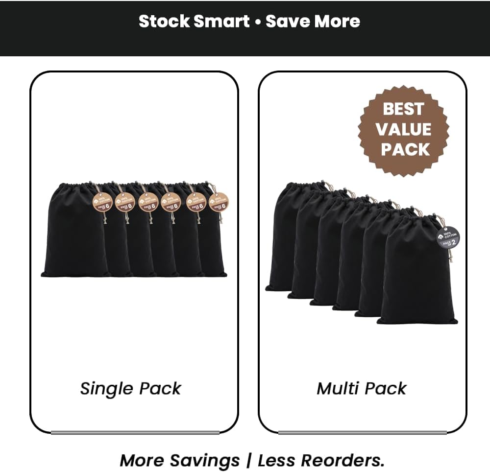LFH Cotton Rich Shoe Storage Bags with Drawstring, Dustproof Breathable Reusable Organizer, Perfect For Travel, Dorm, Hotel, College, Gym, Machine Washable 8"x17" (Pack of 2) - Black sand