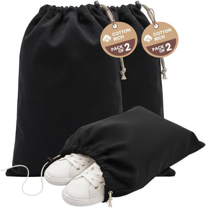 LFH Cotton Rich Shoe Storage Bags with Drawstring, Dustproof Breathable Reusable Organizer, Perfect For Travel, Dorm, Hotel, College, Gym, Machine Washable 8"x17" (Pack of 2) - Black sand