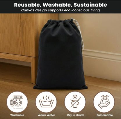 LFH Cotton Rich Shoe Storage Bags with Drawstring, Dustproof Breathable Reusable Organizer, Perfect For Travel, Dorm, Hotel, College, Gym, Machine Washable 8"x17" (Pack of 2) - Black sand
