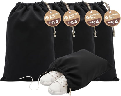 LFH Cotton Rich Shoe Storage Bags with Drawstring, Dustproof Breathable Reusable Organizer, Perfect For Travel, Dorm, Hotel, College, Gym, Machine Washable 8"x17" (Pack of 2) - Black sand