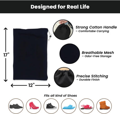 LFH Cotton Rich Shoe Storage Bags with Drawstring, Dustproof Breathable Reusable Organizer, Perfect For Travel, Dorm, Hotel, College, Gym, Machine Washable 8"x17" (Pack of 2) - Black sand