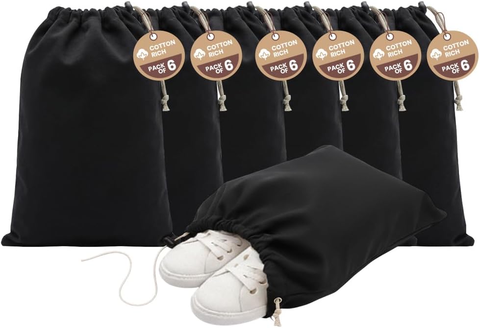 LFH Cotton Rich Shoe Storage Bags with Drawstring, Dustproof Breathable Reusable Organizer, Perfect For Travel, Dorm, Hotel, College, Gym, Machine Washable 8"x17" (Pack of 2) - Black sand