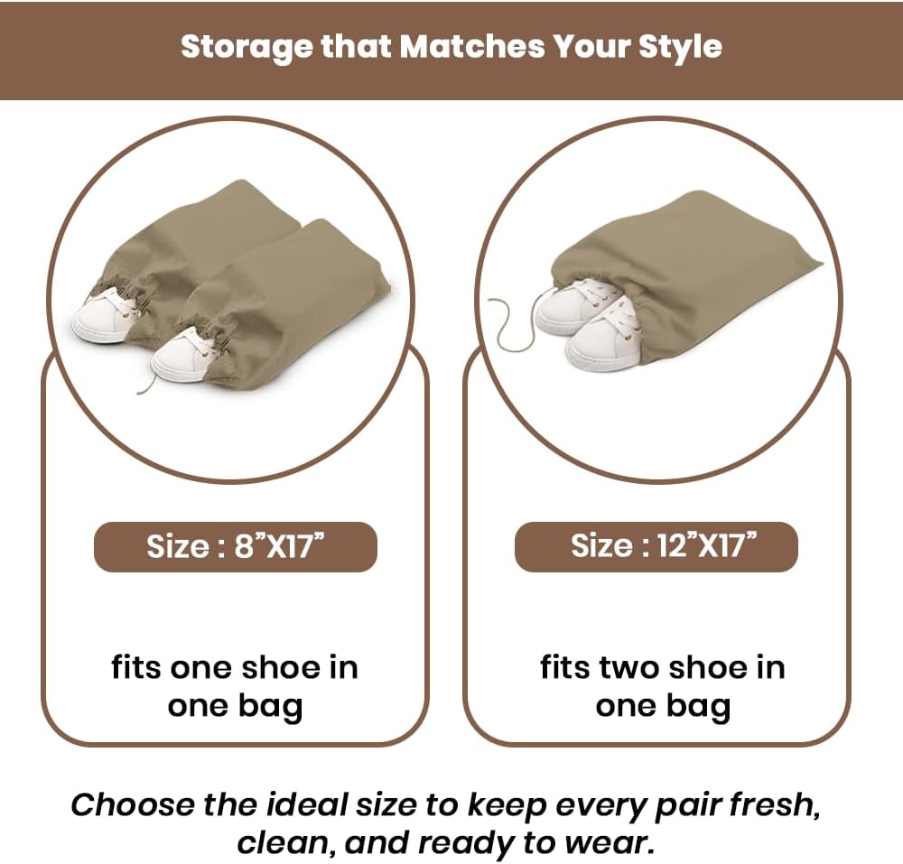 LFH Cotton Rich Shoe Storage Bags with Drawstring, Dustproof Breathable Reusable Organizer, Perfect For Travel, Dorm, Hotel, College, Gym, Machine Washable 8"x17" (Pack of 2) - Black sand