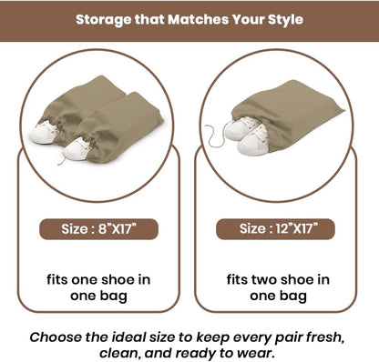 LFH Cotton Rich Shoe Storage Bags with Drawstring, Dustproof Breathable Reusable Organizer, Perfect For Travel, Dorm, Hotel, College, Gym, Machine Washable 8"x17" (Pack of 2) - Black sand